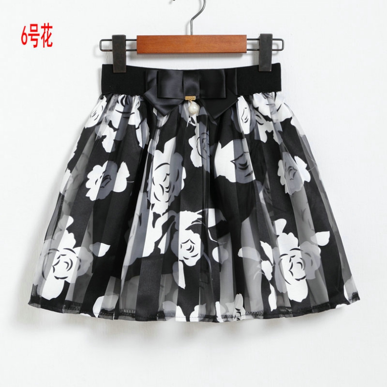 Pleated Floral Printed Sheer Tulle Skirt - Black