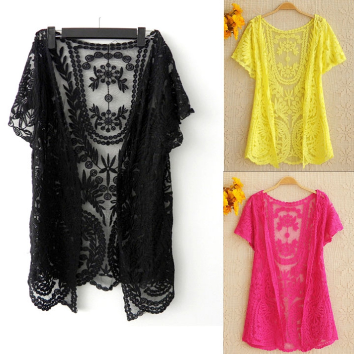 Women's Hollow-out Shirt Lace Embroidery Floral Crochet Short Sleeve Cardigan