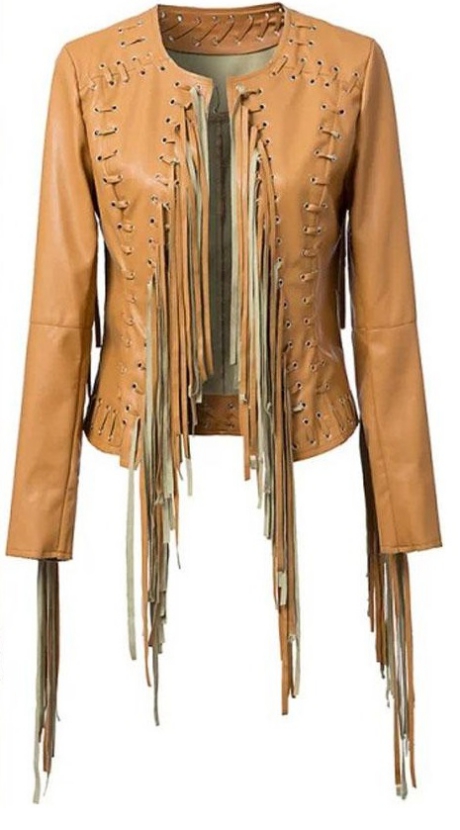 Leather Skin Women Brown Handmade Collarless Cowboy Genuine Leather Jacket With Leather Fringes