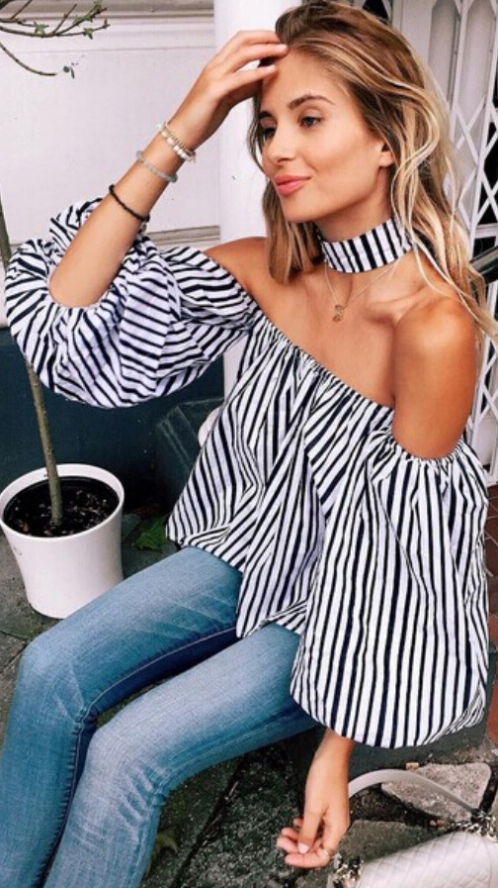 Off-shoulder Lantern 3/4 Sleeves Striped Sexy Blouse